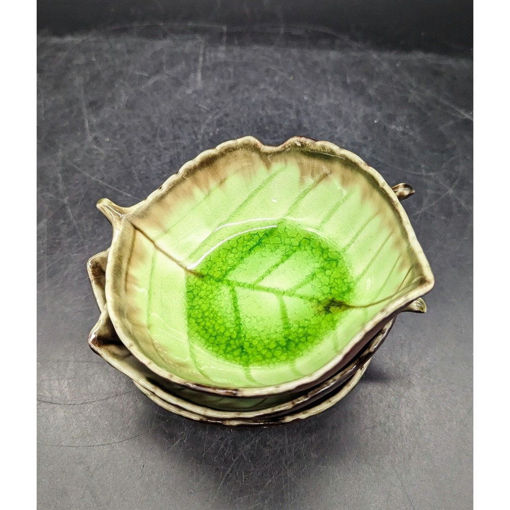 Set Of 3 Ceramic Green Leaf Sauce Dipping Bowls 4.5" Footed